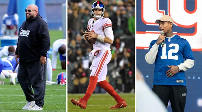 Brian Daboll smiles as he stands on the field; Daniel Jones holds the ball preparing to throw; Darren Waller talks into a mic